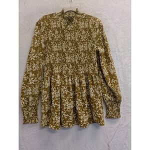 HEIN Women‎ Olive Floral Smocked Mock Neck Long Sleeve Blouse Top Size L